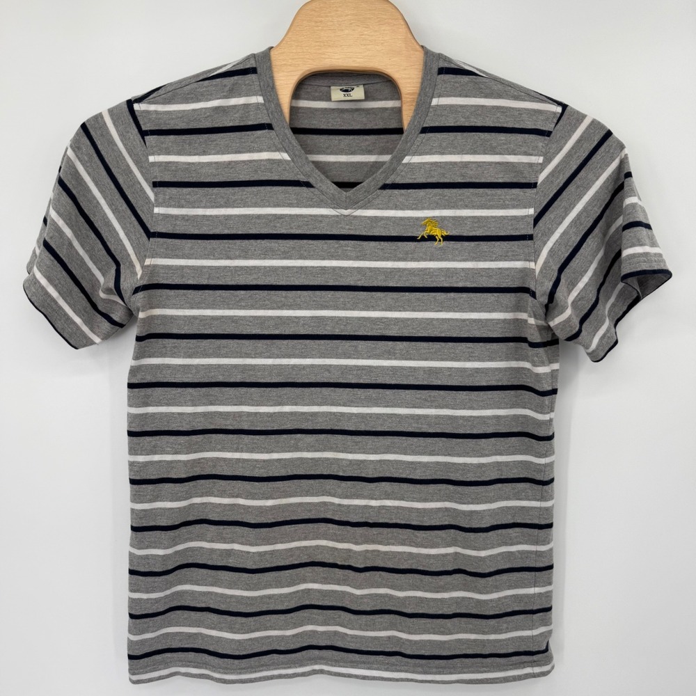 Dino Robert T-Shirt Mens XXL Grey Striped V-Neck Short Sleeve Horse Logo